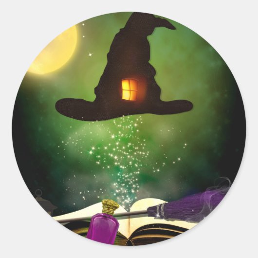 魔法ハット&魔法の魔導書のお洒落おもしろいパーティー ラウンドシール (正面)