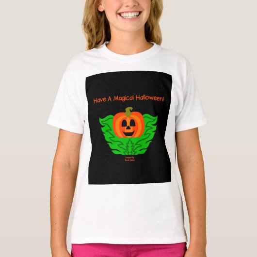 魔法ハロウィーンカボチャ女の子ホワイトTシャツ Tシャツ (正面)
