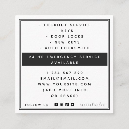 魔法ハンズ&鍵ロックスミスエレガントサービス スクエア名刺 (裏面)