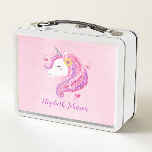 魔法パーソナライズされたピンクグリッターユニコーン顔 メタルランチボックス (裏面)