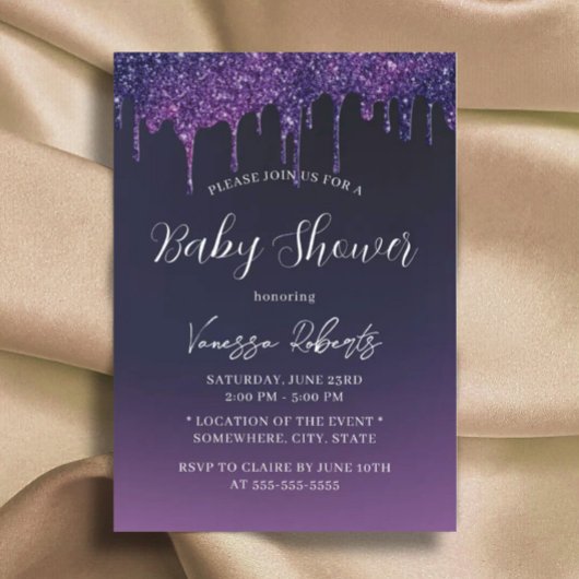 魔法パープルグリッタードリップベビーエレガントシャワー 招待状