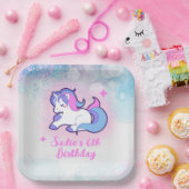 魔法ピンクパープルグリッターユニコーン任意の年齢誕生日 ペーパープレート (パーティー)