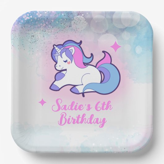 魔法ピンクパープルグリッターユニコーン任意の年齢誕生日 ペーパープレート (正面)