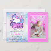 魔法ピンクパープルユニコーンの誕生日の写真 招待状 (正面)