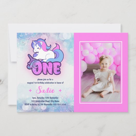 魔法ピンクパープルユニコーンの誕生日の写真 招待状 (正面)
