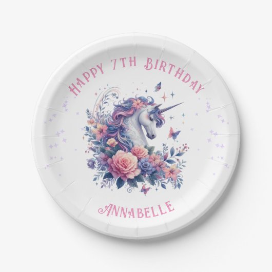 魔法ピンクパープルユニコーンガールズ誕生日 ペーパープレート (正面)