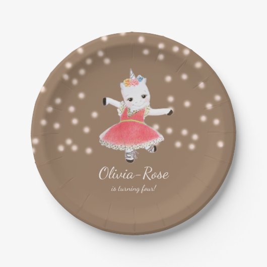 魔法ピンクユニコーンバレリーナガール誕生日 ペーパープレート (正面)