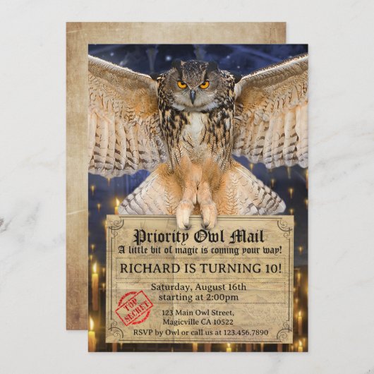 魔法フクロウのメール誕生日 招待状 (正面/裏面)