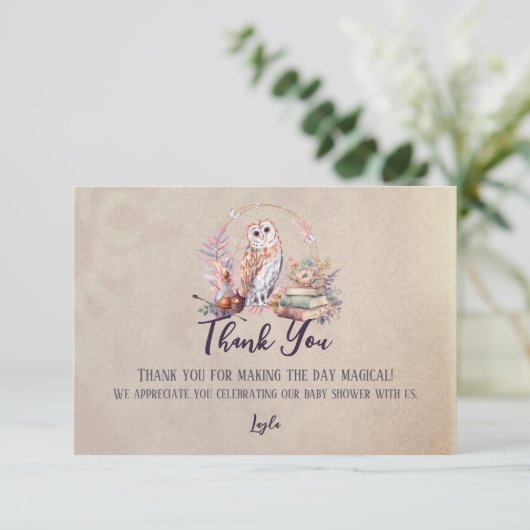 魔法フクロウの女の子ウィザード赤ちゃんシャワーありがとう サンキューカード (スタンド正面)