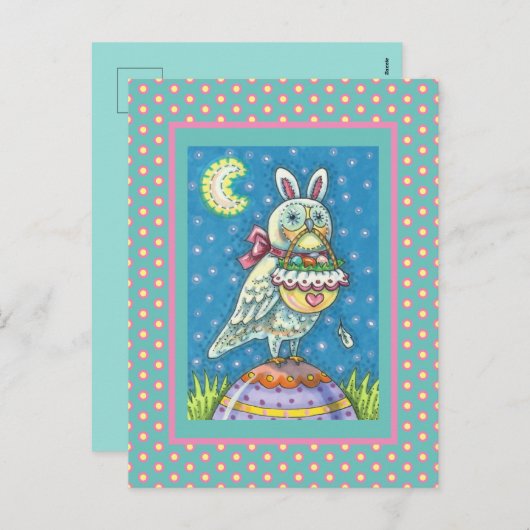 魔法フクロウ&イースターバスケッお洒落ト、フォークアートバード シーズンポストカード (正面/裏面)