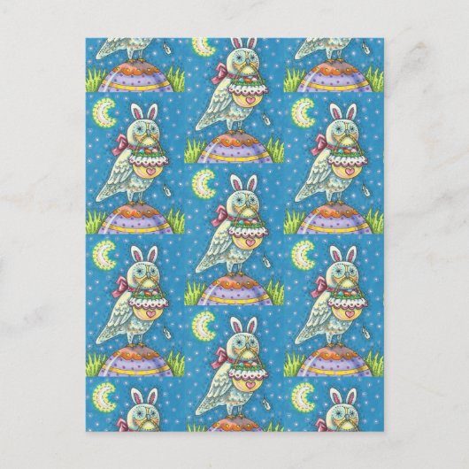 魔法フクロウ&イースターバスケッお洒落ト、フォークアートバード シーズンポストカード (正面)