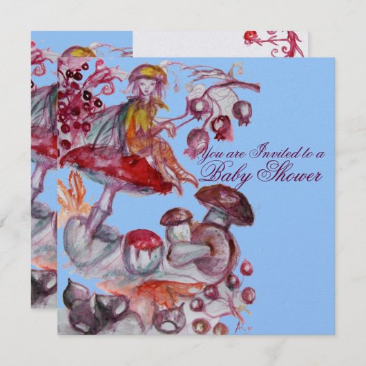 魔法ブルーマッシュルーム男の赤ちゃんシャワー 招待状 (正面/裏面)