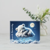 魔法ベア夢の夜パステルブルーアート 箔シーズンポストカード (立ち正面)