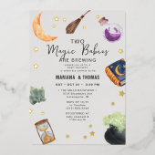 魔法ベビーブルーイングツインズニュートラルベビーシャワー 箔招待状 (正面)