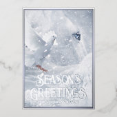 魔法ホワイトクリスマス、馬と鳩の雪の中 – 箔シーズンカード (正面)