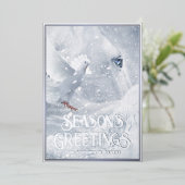 魔法ホワイトクリスマス、馬と鳩の雪の中 – 箔シーズンカード (立ち正面)