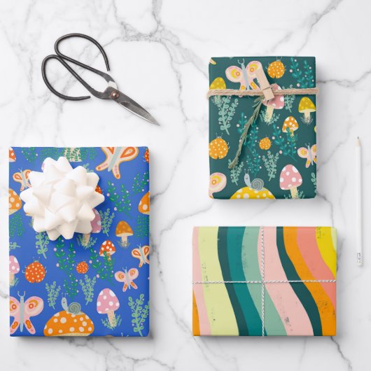 魔法マッシュルームかわいい蝶カタツムリ ラッピングペーパーシート (正面)