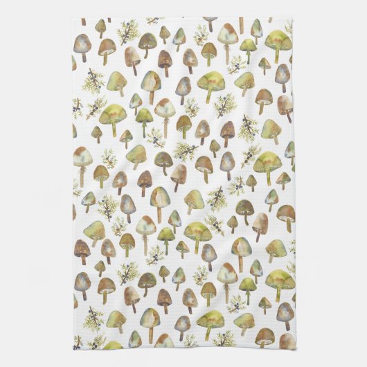 魔法マッシュルームの水の色の森パターン キッチンタオル (縦)