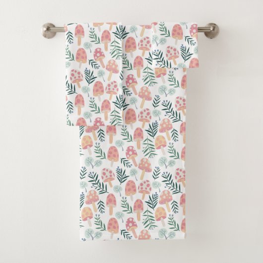 魔法マッシュルーム森林パターンピンクグリーン バスタオルセット (インサイチュ)