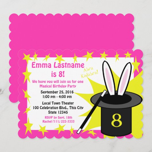 魔法ミー誕生日ピンク 招待状 (正面/裏面)