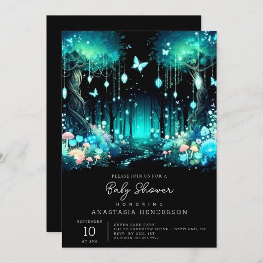 魔法モダンの魔法の森の赤ちゃんシャワー 招待状 (正面/裏面)