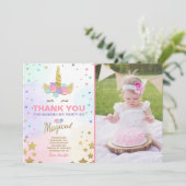 魔法ユニコーンの誕生日のサンキューカードのピンクの金ゴールド サンキューカード (スタンド正面)