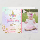 魔法ユニコーンの誕生日のサンキューカードのピンクの金ゴールド サンキューカード (正面/裏面)