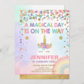 魔法ユニコーンの誕生日の招待状のピンクの金ゴールド 招待状 (正面/裏面)