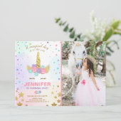 魔法ユニコーンの誕生日の招待状のピンクの金ゴールド 招待状 (スタンド正面)