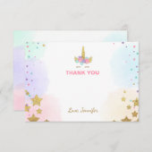 魔法ユニコーンの顔のサンキューカードのピンクおよび金ゴールド サンキューカード (正面/裏面)