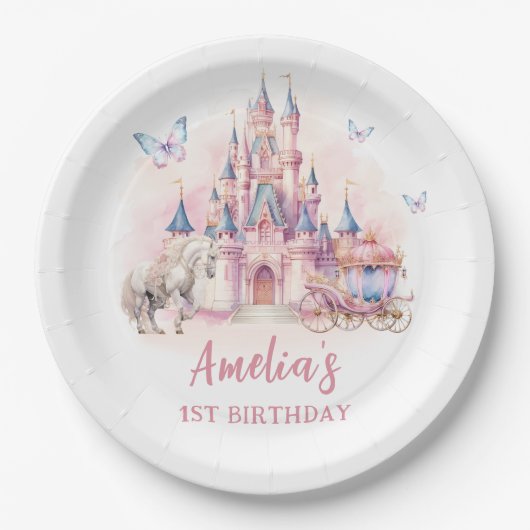 魔法ユニコーンプリンセス城誕生日紙プレート ペーパープレート (正面)