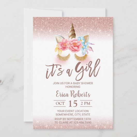 魔法ユニコーンモダンバラ金ゴールドガールベイビーシャワー 招待状 (正面)