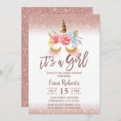 魔法ユニコーンモダンバラ金ゴールドガールベイビーシャワー 招待状 (正面/裏面)