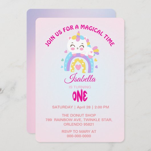 魔法ユニコーン虹のグラデーション第1誕生日パーティー 招待状 (正面/裏面)