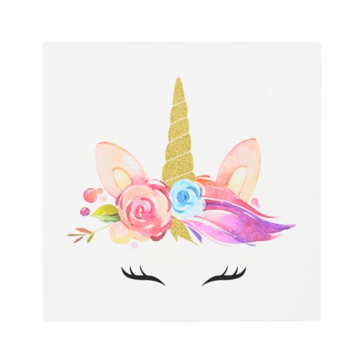 魔法ユニコーン，かわいいユニコーン，女の子子供部屋，ピンク メタルプリント (正面)