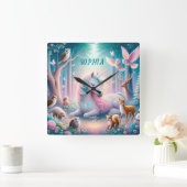 魔法ユニコーン、子供部屋ベビー/キッズ名前をカスタムする スクエア壁時計 (ホーム)