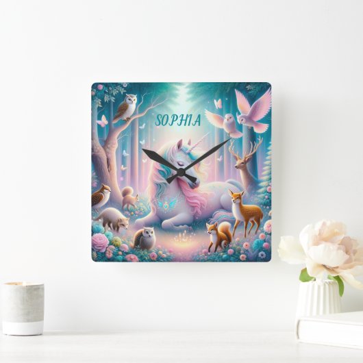 魔法ユニコーン、子供部屋ベビー/キッズ名前をカスタムする スクエア壁時計 (ホーム)