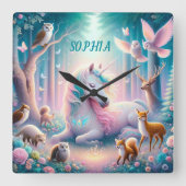 魔法ユニコーン、子供部屋ベビー/キッズ名前をカスタムする スクエア壁時計 (正面)