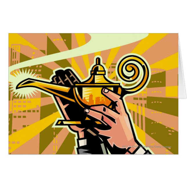 魔法ランプを握るビジネスマンのクローズアップ (正面横)