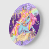 魔法レインボーアイスユニコーンピンクパープルグリッター ラージ壁時計 (傾斜)