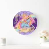 魔法レインボーアイスユニコーンピンクパープルグリッター ラージ壁時計 (ホーム)