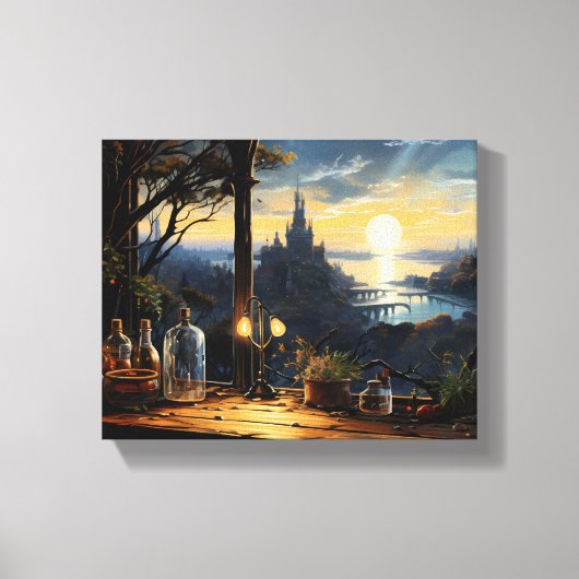 魔法ワークショップベンチファンタジーベイを見下ろす キャンバスプリント (正面)