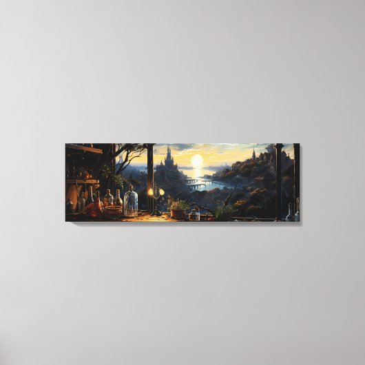 魔法ワークショップベンチファンタジーベイを見下ろす キャンバスプリント (正面)