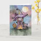 魔法使いおよび猫のハロウィン小さいカード カード (黄色い花)