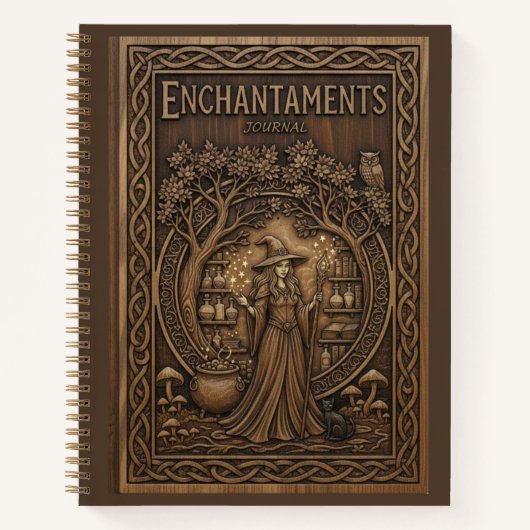 魔法使いと鍋の木彫り入りノート「Enchantments」 ノートブック (正面)