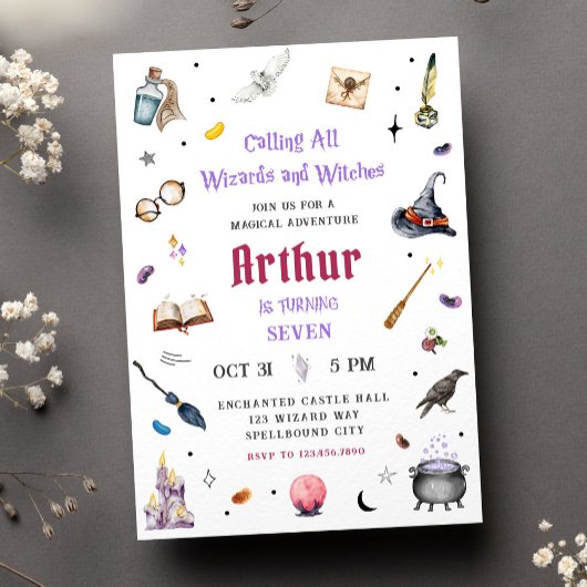 魔法使いと魔女の水彩画の誕生日 招待状