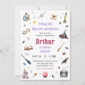 魔法使いと魔女の水彩画 誕生日おめでとう 招待状 (正面)