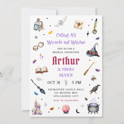 魔法使いと魔女の水彩画 誕生日 招待状 (正面)