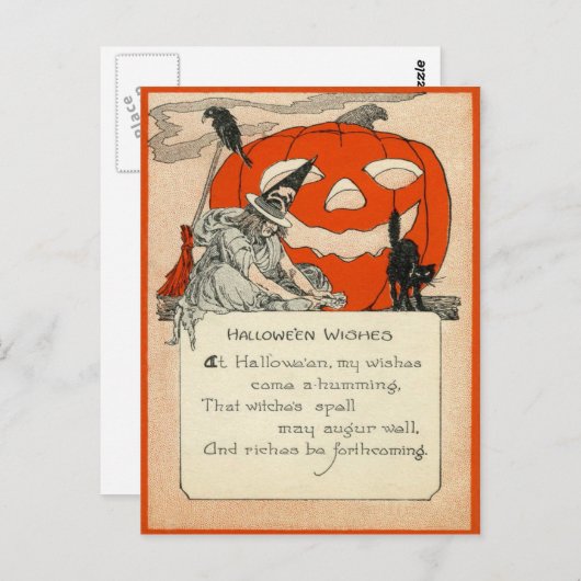 魔法使いのハロウィーンのカボチャのちょうちんの黒猫のワタリガラス ポストカード (正面/裏面)