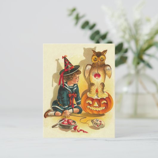 魔法使いのフクロウのハロウィーンのカボチャのちょうちんのカボチャ ポストカード (スタンド正面)